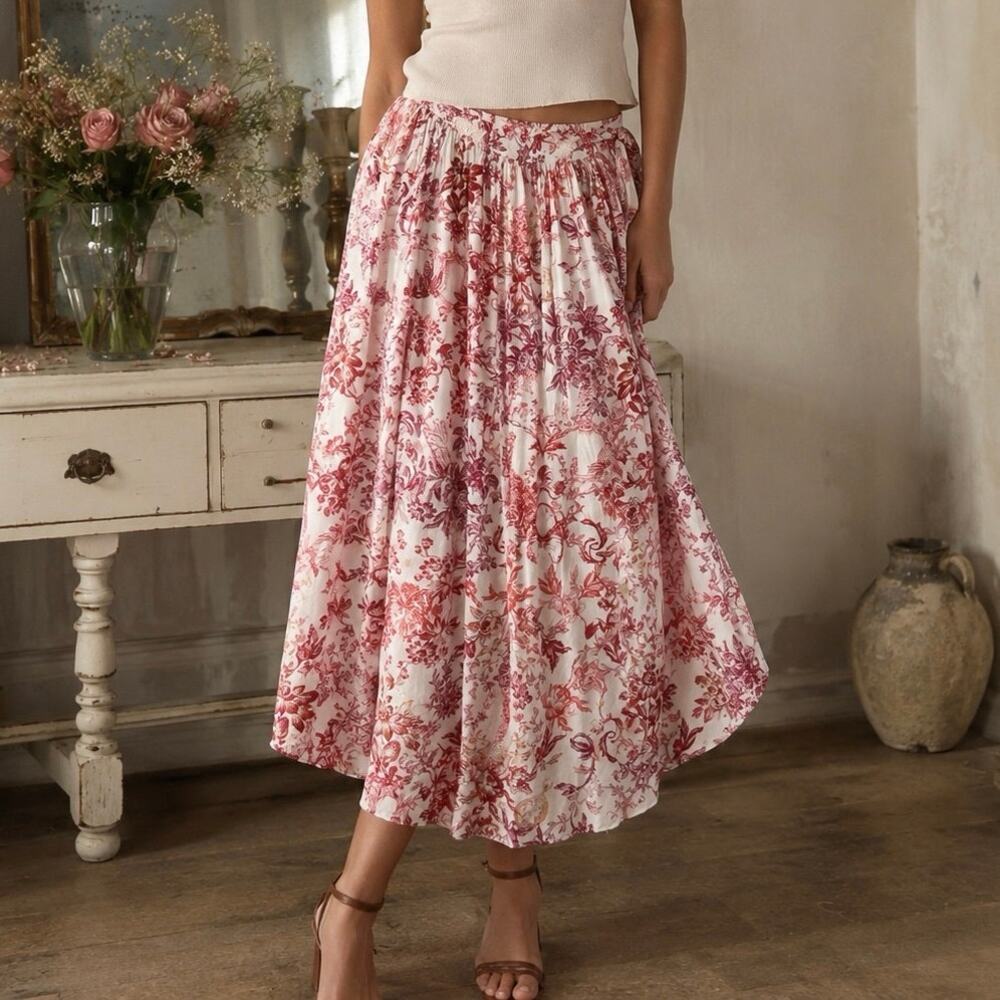 Anthropologie Maeve Whimsical Tie Waist Pleated Midi Skirt Bohemian Size Large